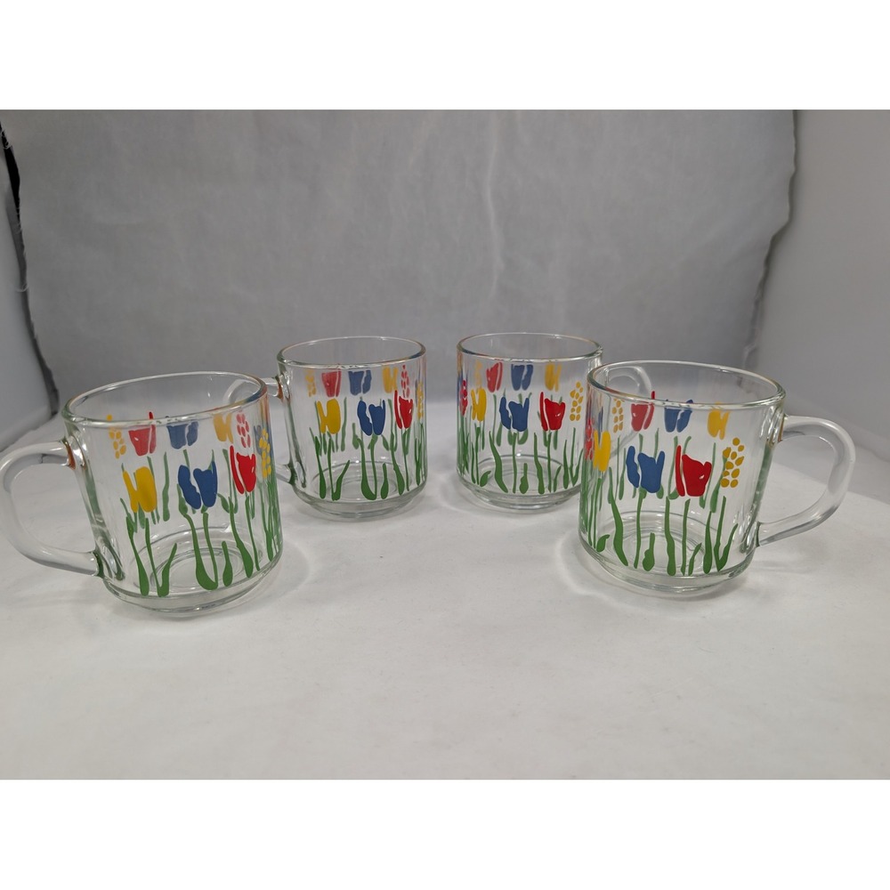 Luminarc Vintage Tulip Glass Mugs Set of 4 Primary Colors Floral Coffee Cups